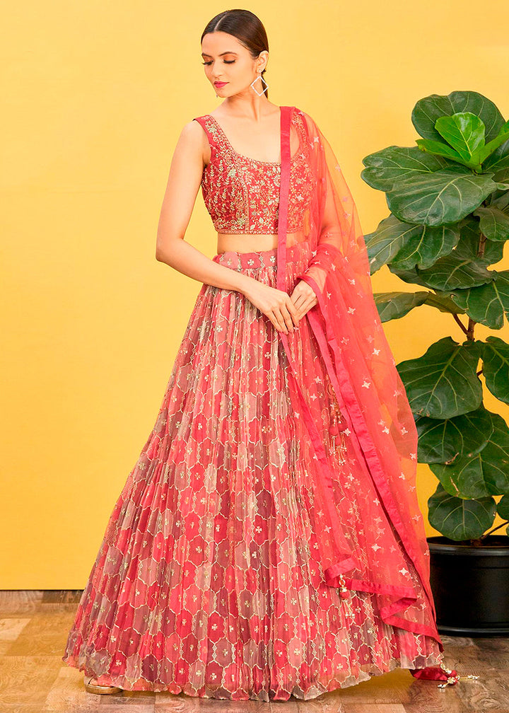 Shades Of Red Digital Printed Organza Lehenga with Thread,Zari & Sequins Work