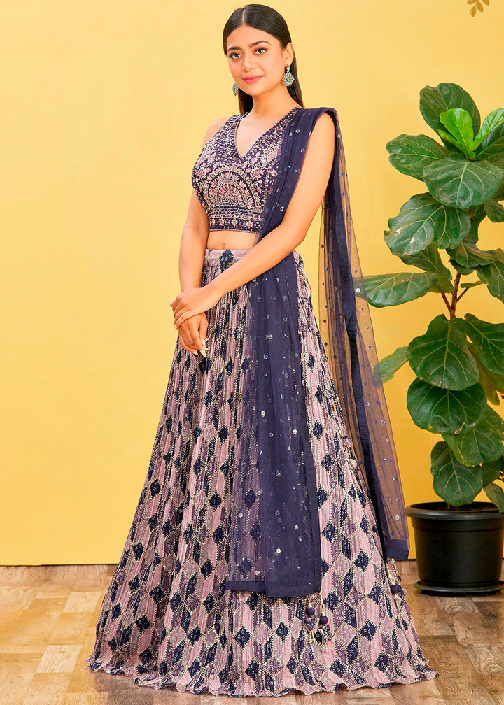 Shades Of Purple Digital Printed Chinnon Lehenga with Thread,Zari & Sequins Work