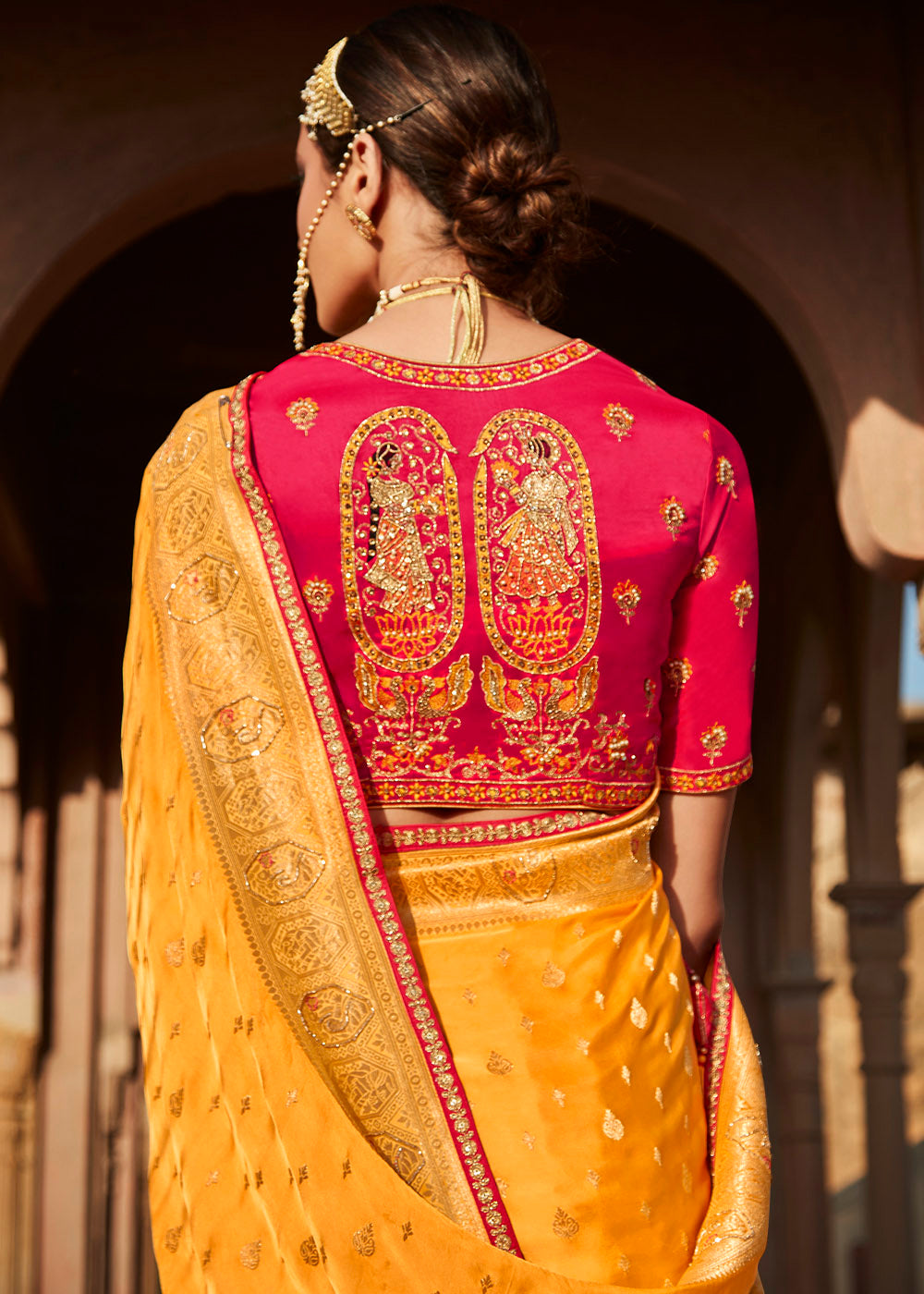 Merigold Orange Woven Banarasi Silk Saree with Embroidered Blouse