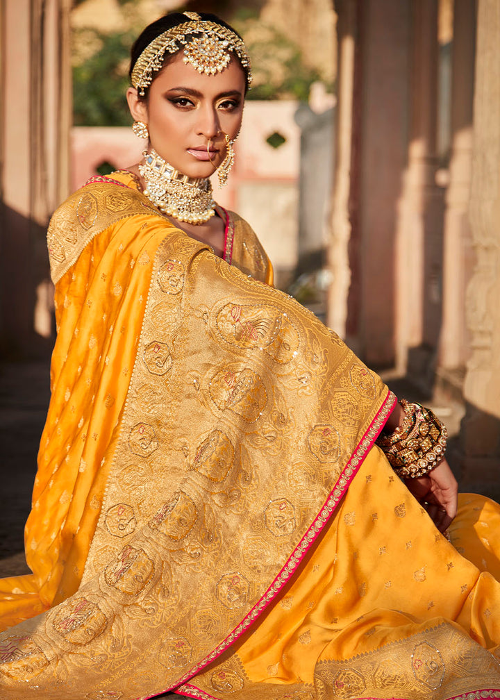 Merigold Orange Woven Banarasi Silk Saree with Embroidered Blouse