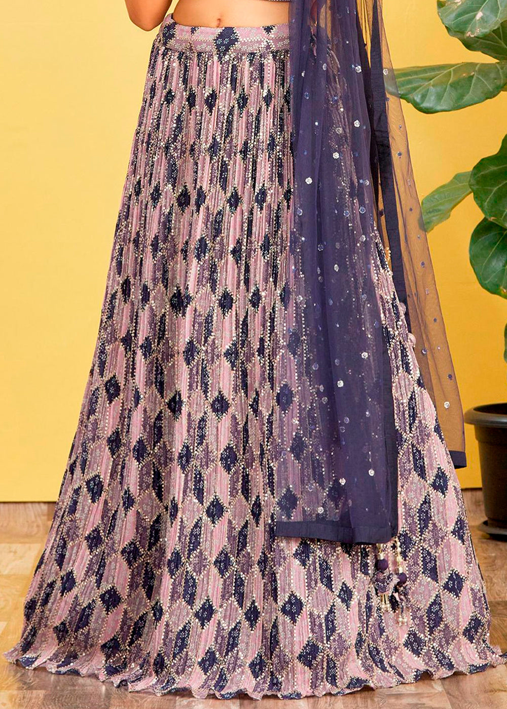 Shades Of Purple Digital Printed Chinnon Lehenga with Thread,Zari & Sequins Work