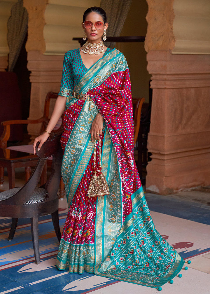 Pink & Blue Printed Patola Silk Saree with Tassels on Pallu