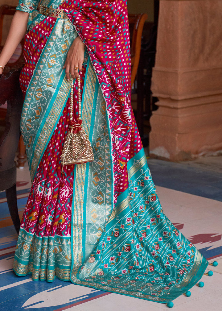 Pink & Blue Printed Patola Silk Saree with Tassels on Pallu