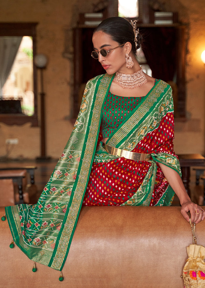 Red & Green Printed Patola Silk Saree with Tassels on Pallu