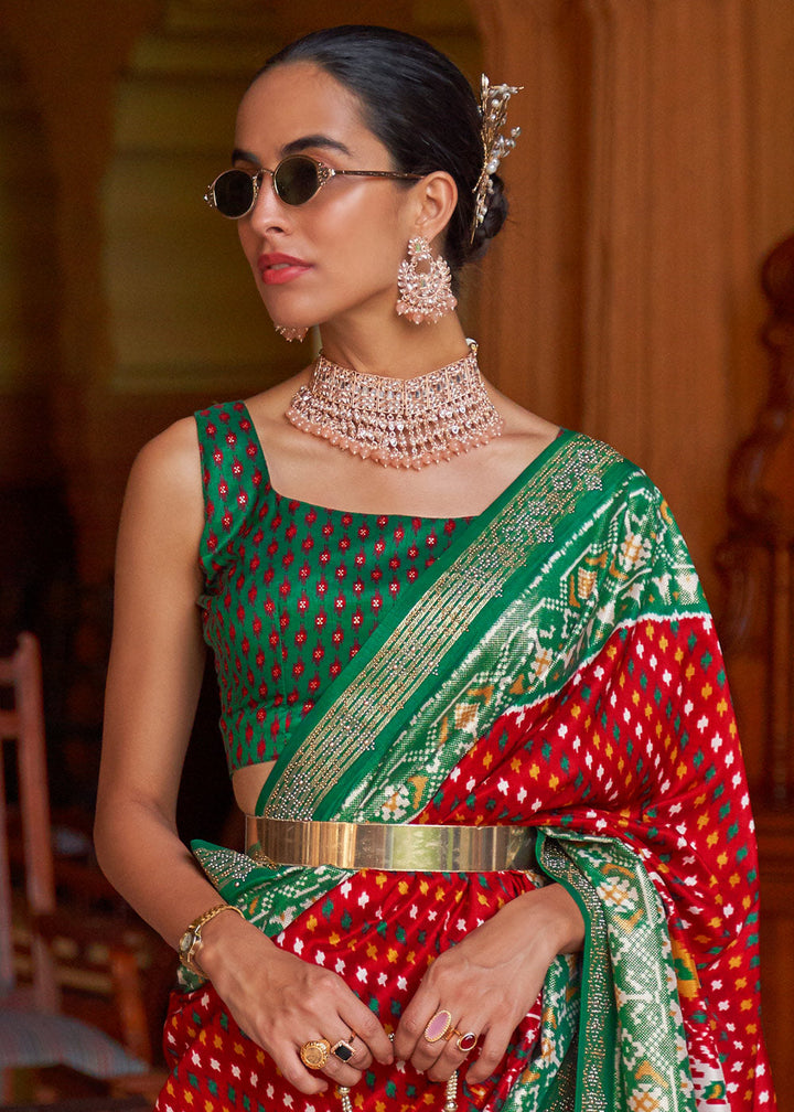 Red & Green Printed Patola Silk Saree with Tassels on Pallu