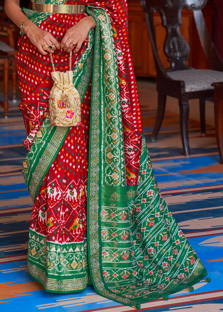 Red & Green Printed Patola Silk Saree with Tassels on Pallu