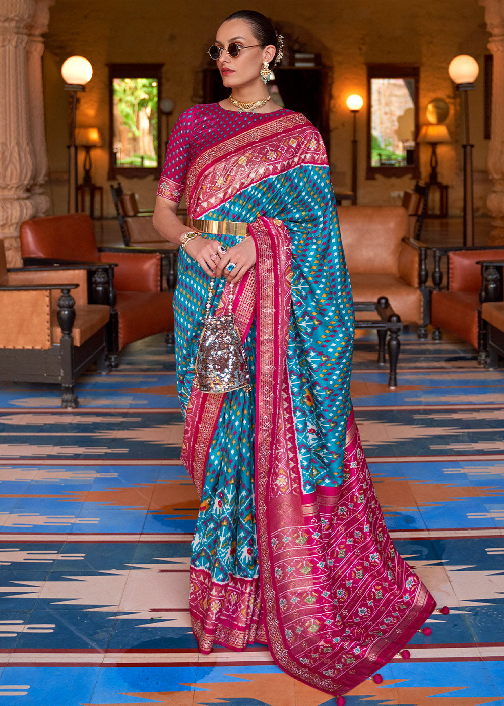 Pink & Blue Printed Patola Silk Saree with Tassels on Pallu