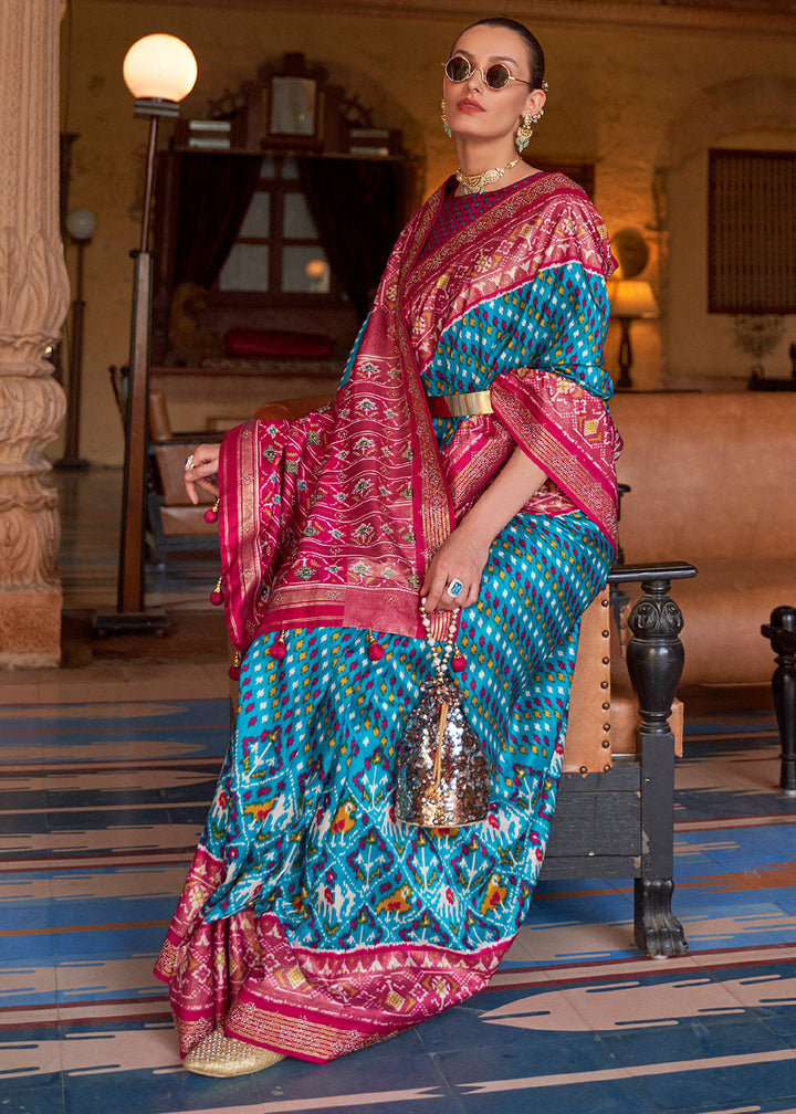 Pink & Blue Printed Patola Silk Saree with Tassels on Pallu