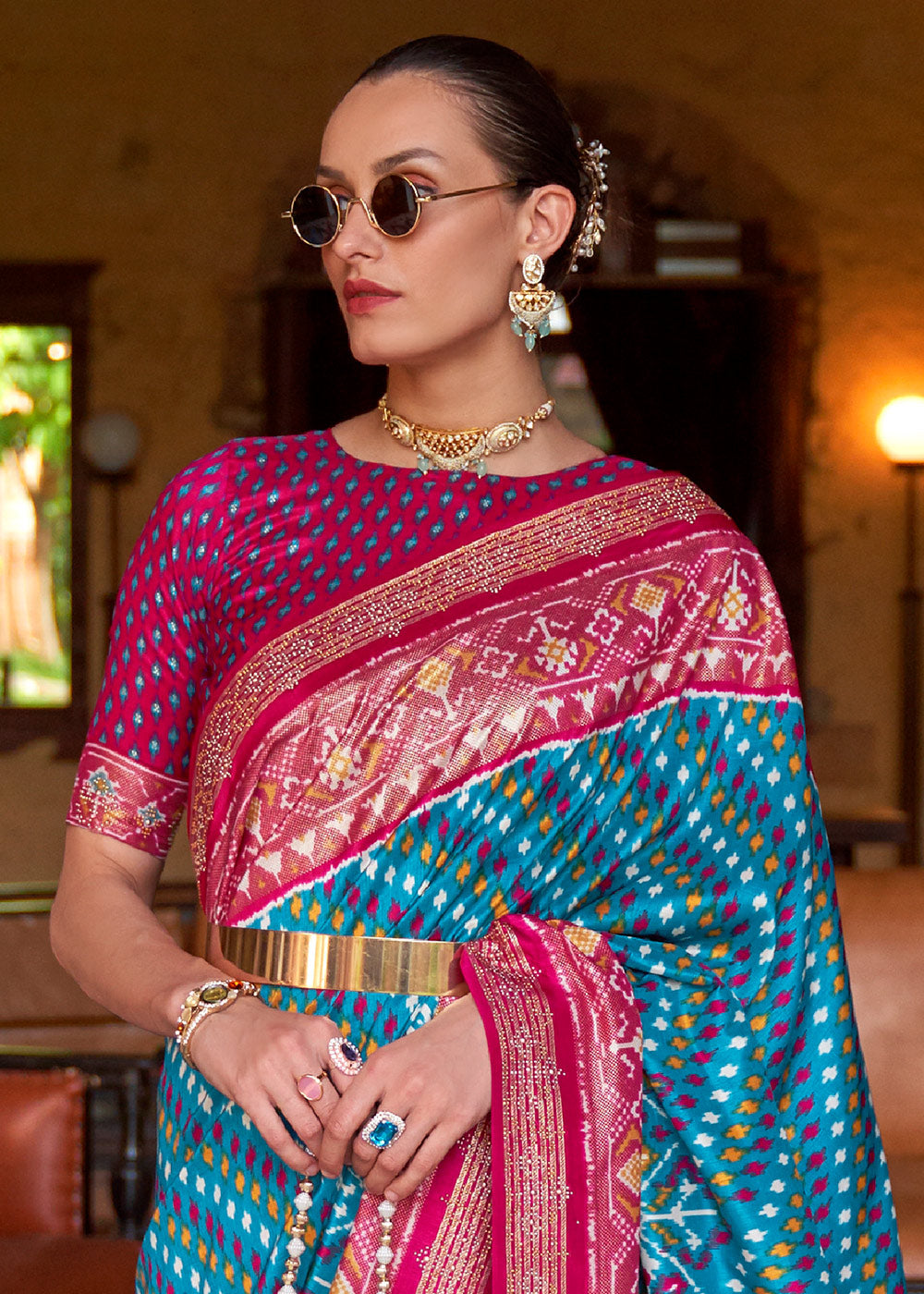 Pink & Blue Printed Patola Silk Saree with Tassels on Pallu