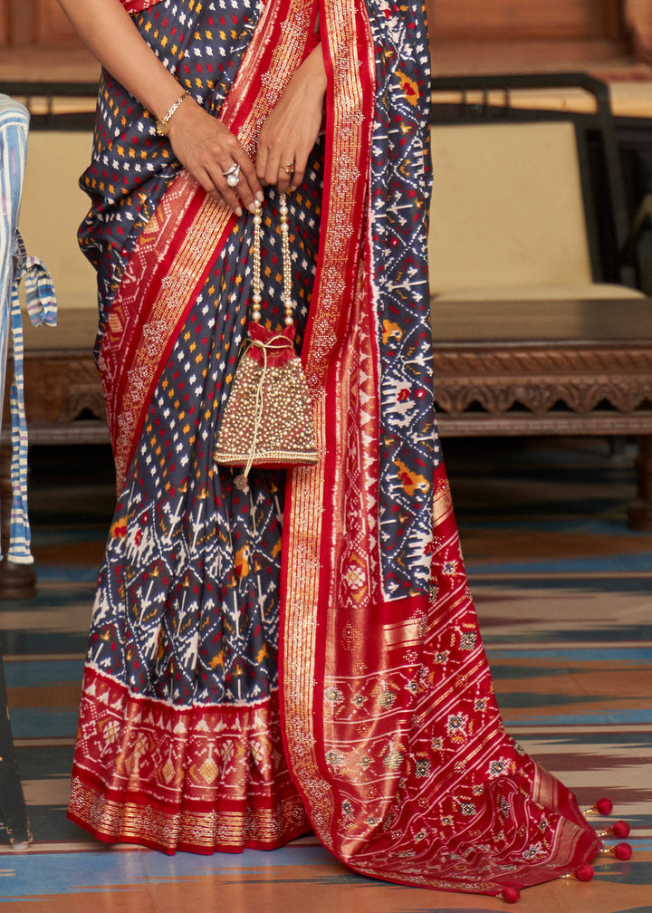 Red & Blue Printed Patola Silk Saree with Tassels on Pallu