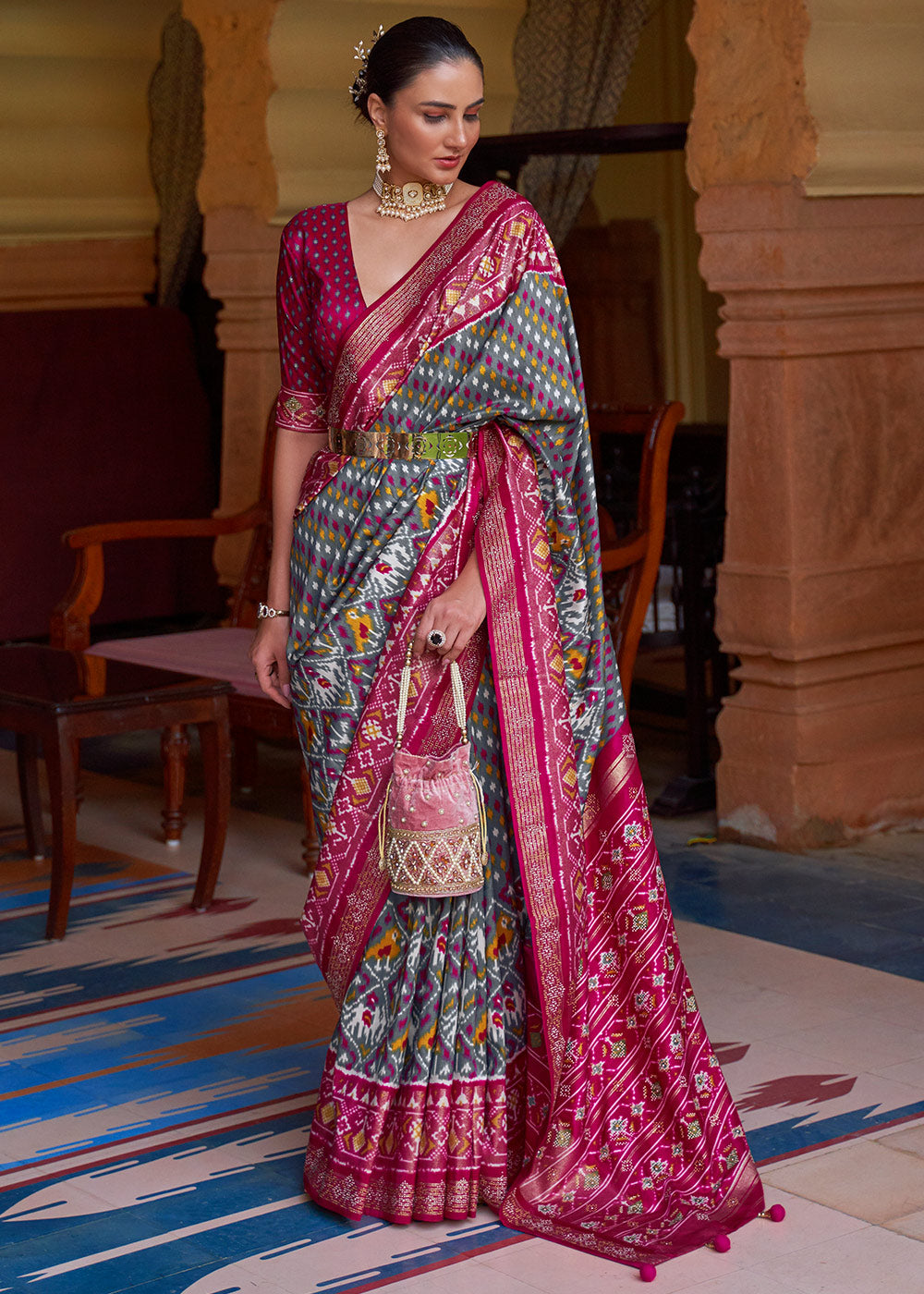 Grey & Pink Printed Patola Silk Saree with Tassels on Pallu