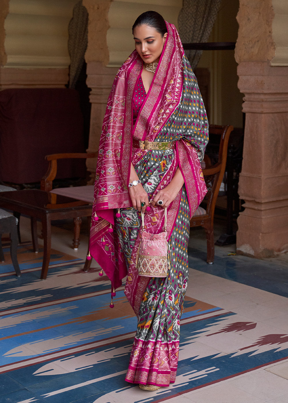 Grey & Pink Printed Patola Silk Saree with Tassels on Pallu