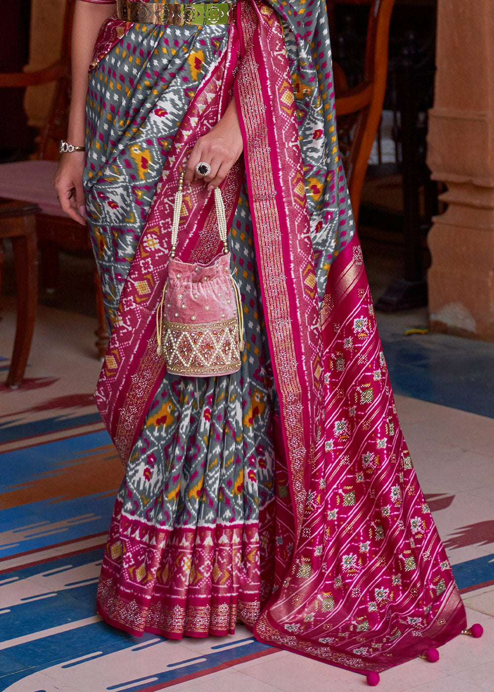 Grey & Pink Printed Patola Silk Saree with Tassels on Pallu