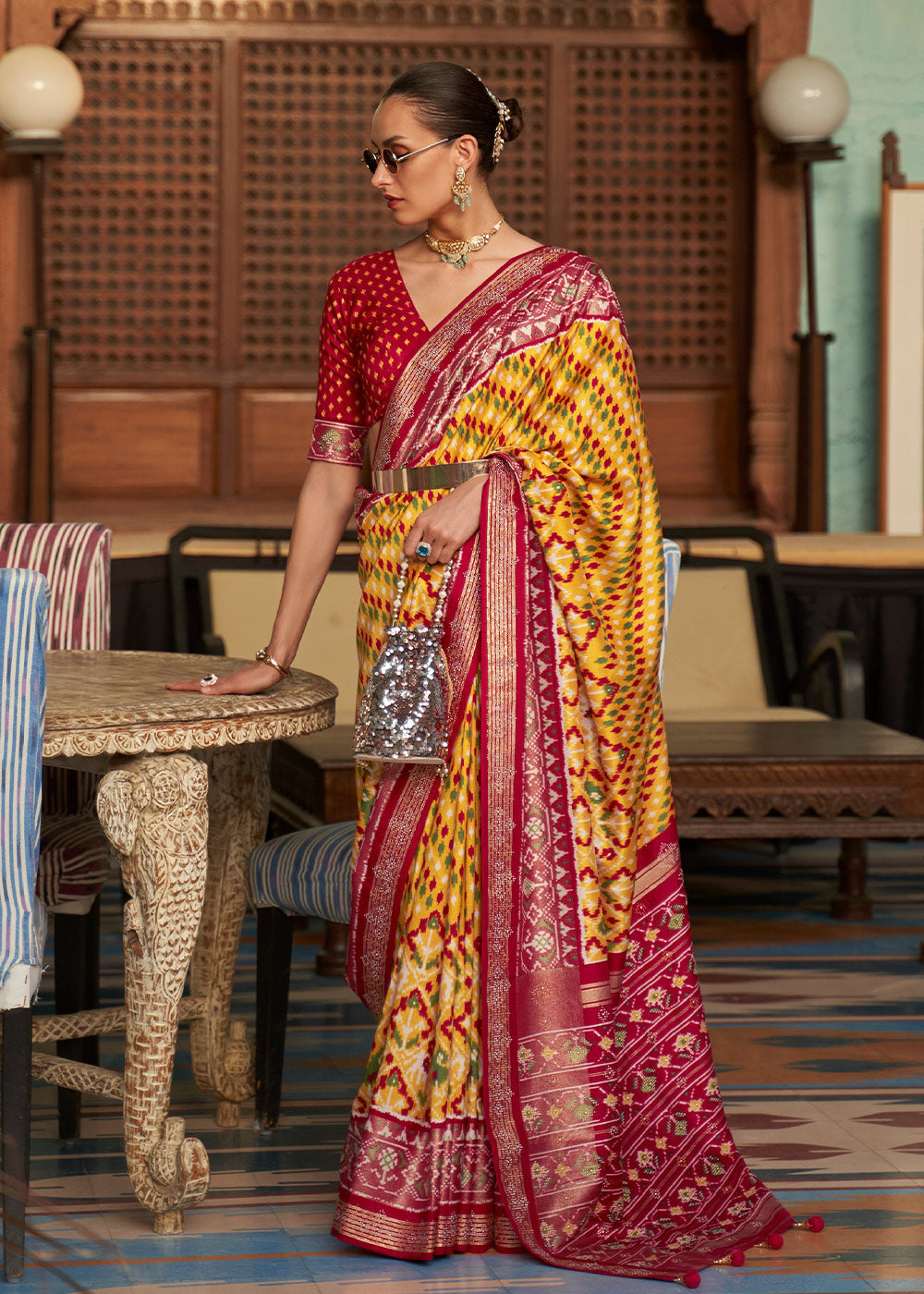 Yellow & Red Printed Patola Silk Saree with Tassels on Pallu