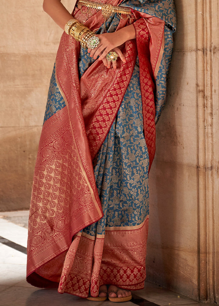 Celadon Blue Zari Woven Banarasi Silk Saree