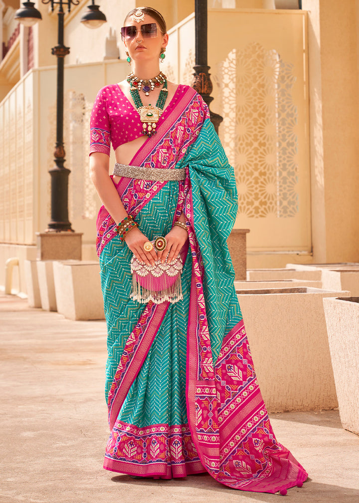 Cerulean Blue Patola Printed Silk Saree