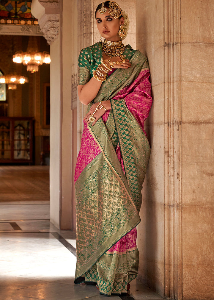 Hot Pink Zari Woven Banarasi Silk Saree