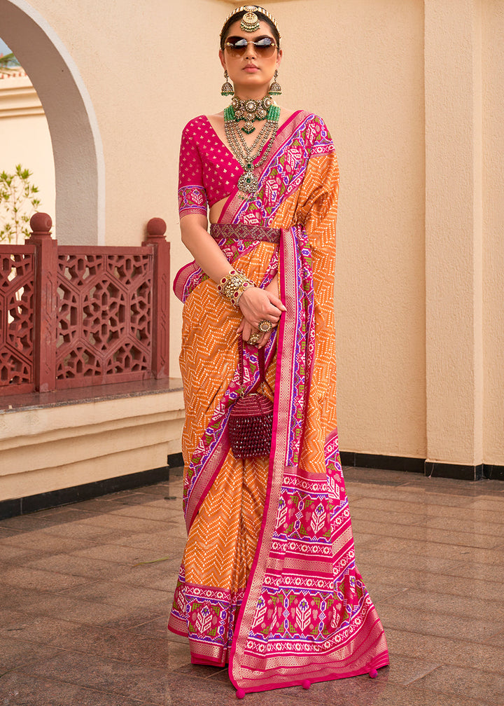 Atomic Orange Patola Printed Silk Saree