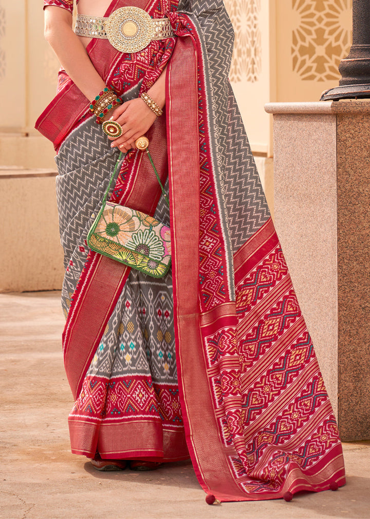 Pewter Grey Patola Printed Silk Saree