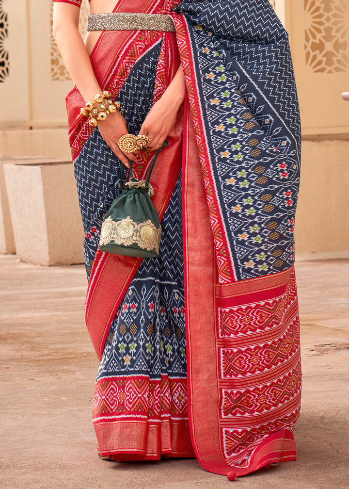 Navy Blue Patola Printed Silk Saree