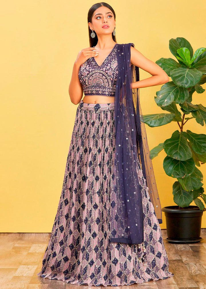 Shades Of Purple Digital Printed Chinnon Lehenga with Thread,Zari & Sequins Work