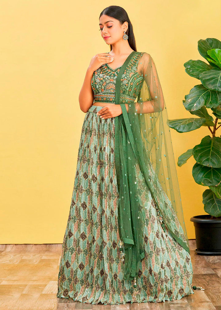 Shades Of Green Digital Printed Chinnon Lehenga with Thread,Zari & Sequins Work