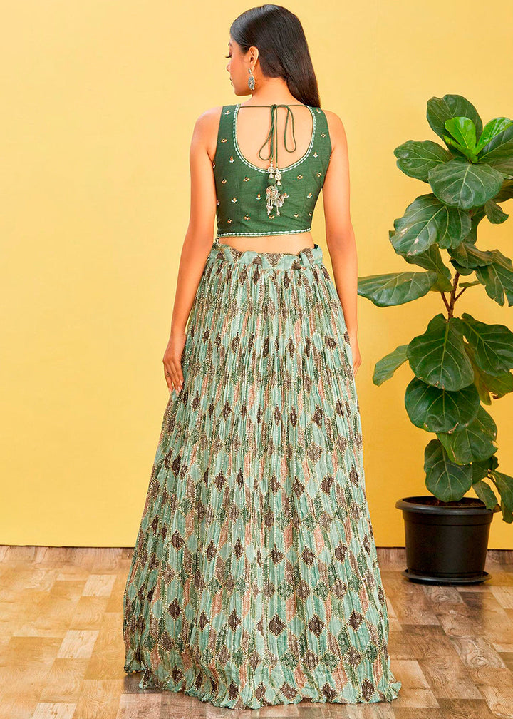 Shades Of Green Digital Printed Chinnon Lehenga with Thread,Zari & Sequins Work