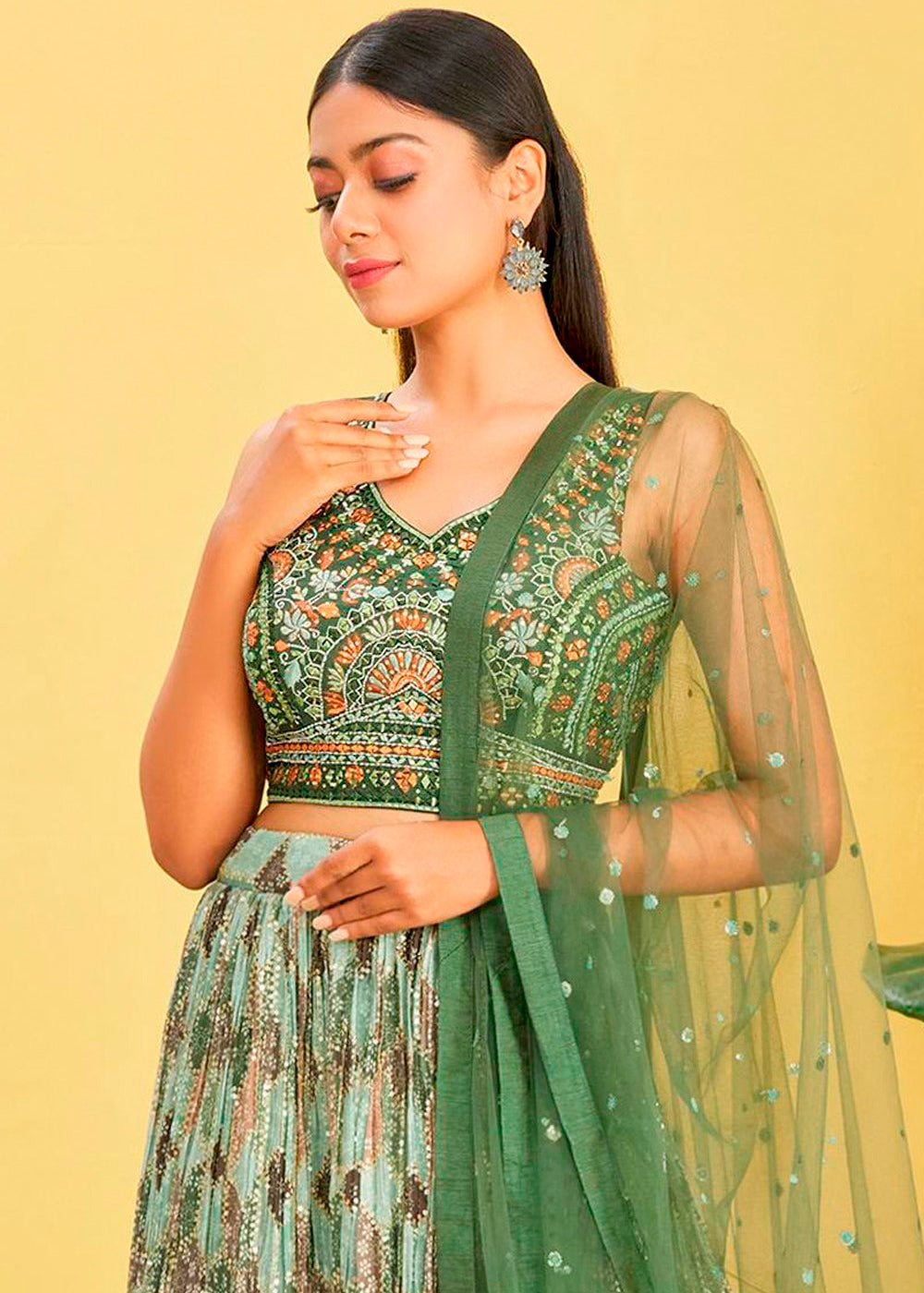 Shades Of Green Digital Printed Chinnon Lehenga with Thread,Zari & Sequins Work