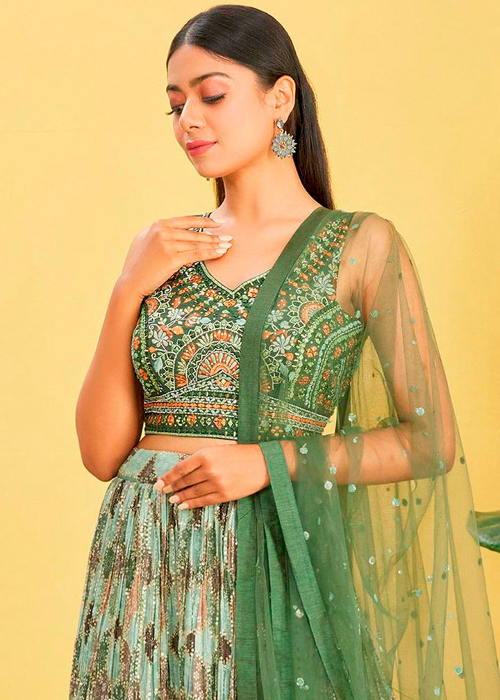 Shades Of Green Digital Printed Chinnon Lehenga with Thread,Zari & Sequins Work