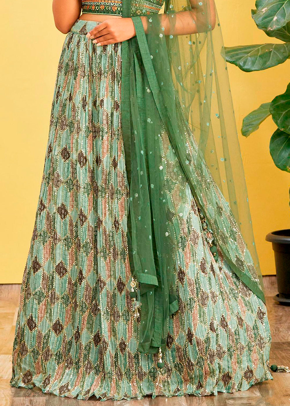 Shades Of Green Digital Printed Chinnon Lehenga with Thread,Zari & Sequins Work