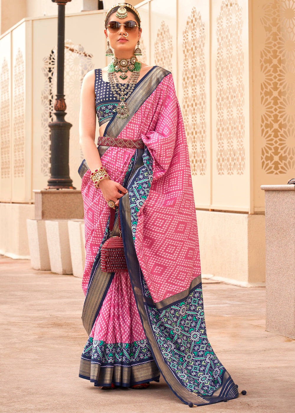 Neon Pink Patola Printed Silk Saree