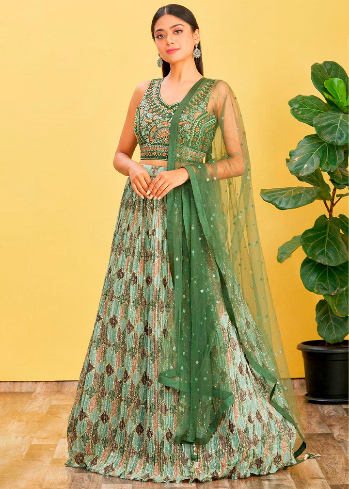 Shades Of Green Digital Printed Chinnon Lehenga with Thread,Zari & Sequins Work