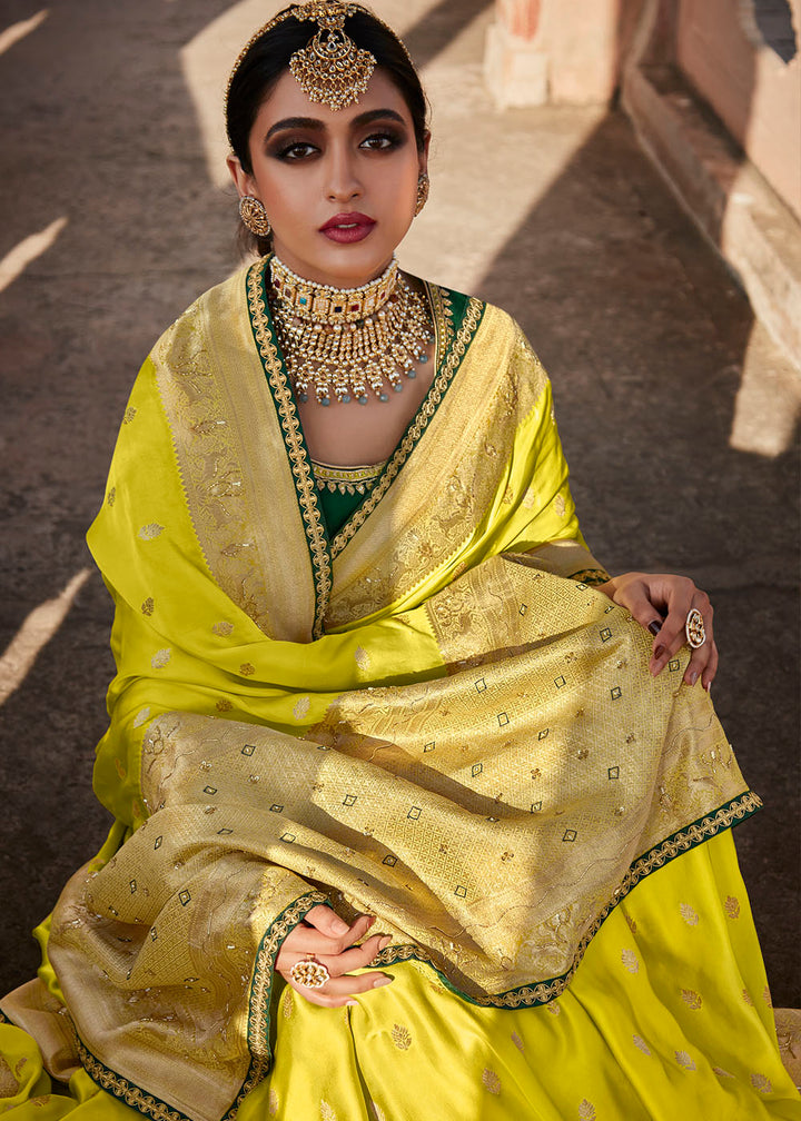 Chartreuse Green Woven Banarasi Silk Saree with Embroidered Blouse