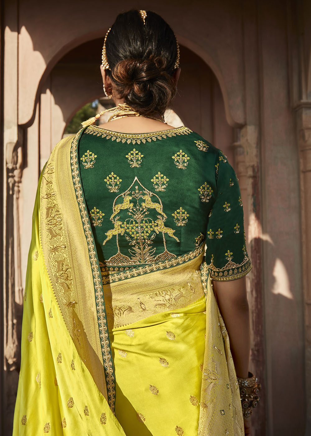 Chartreuse Green Woven Banarasi Silk Saree with Embroidered Blouse