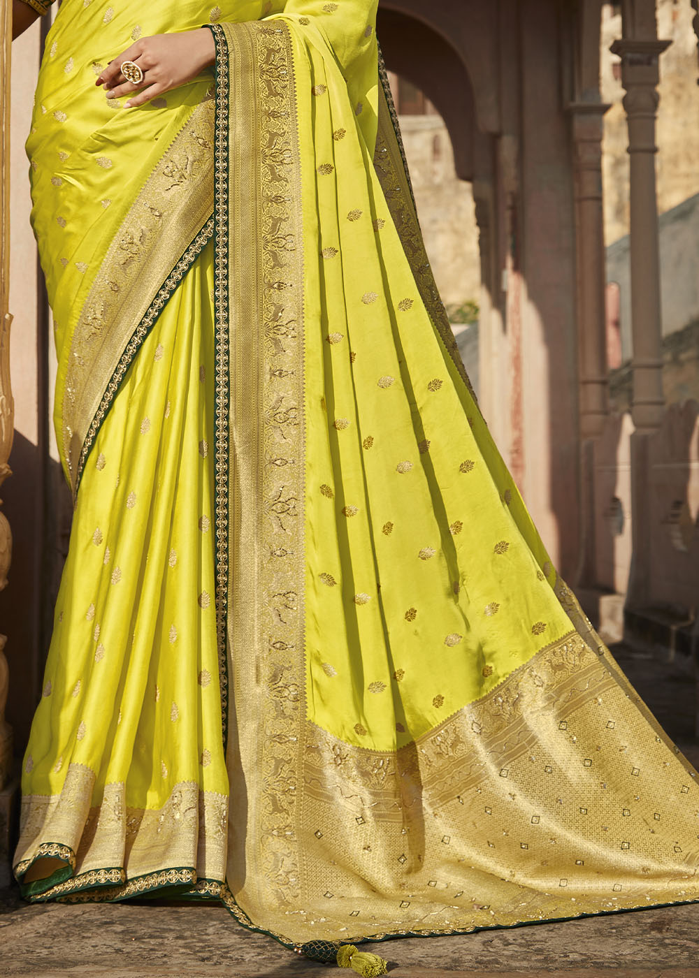 Chartreuse Green Woven Banarasi Silk Saree with Embroidered Blouse