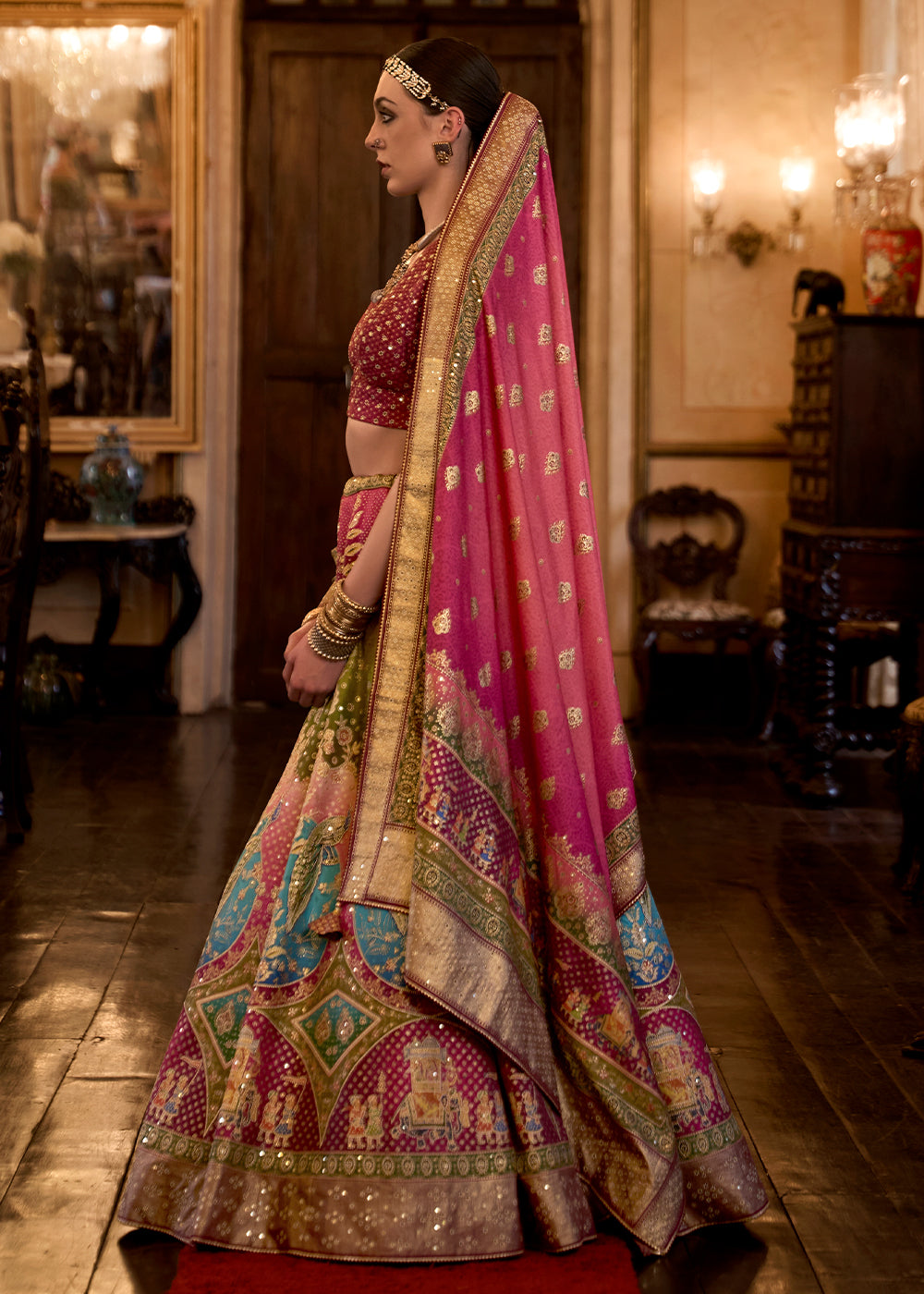 Pink & Brown Ready to Wear Designer Silk Lehenga Choli with Sparkle & Aari Mirror work