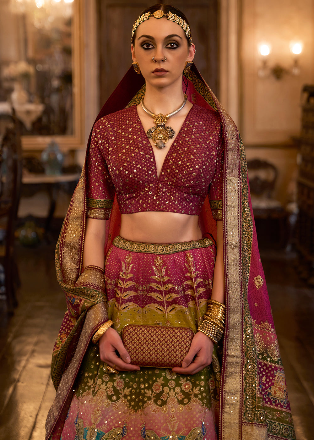 Pink & Brown Ready to Wear Designer Silk Lehenga Choli with Sparkle & Aari Mirror work