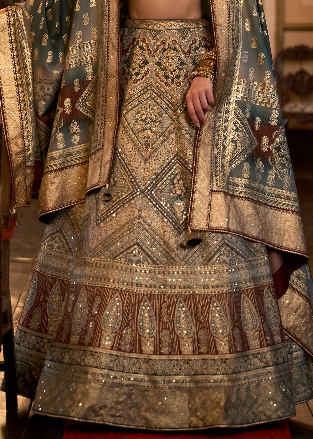 Blue & Brown Ready to Wear Designer Silk Lehenga Choli with Sparkle & Aari Mirror work