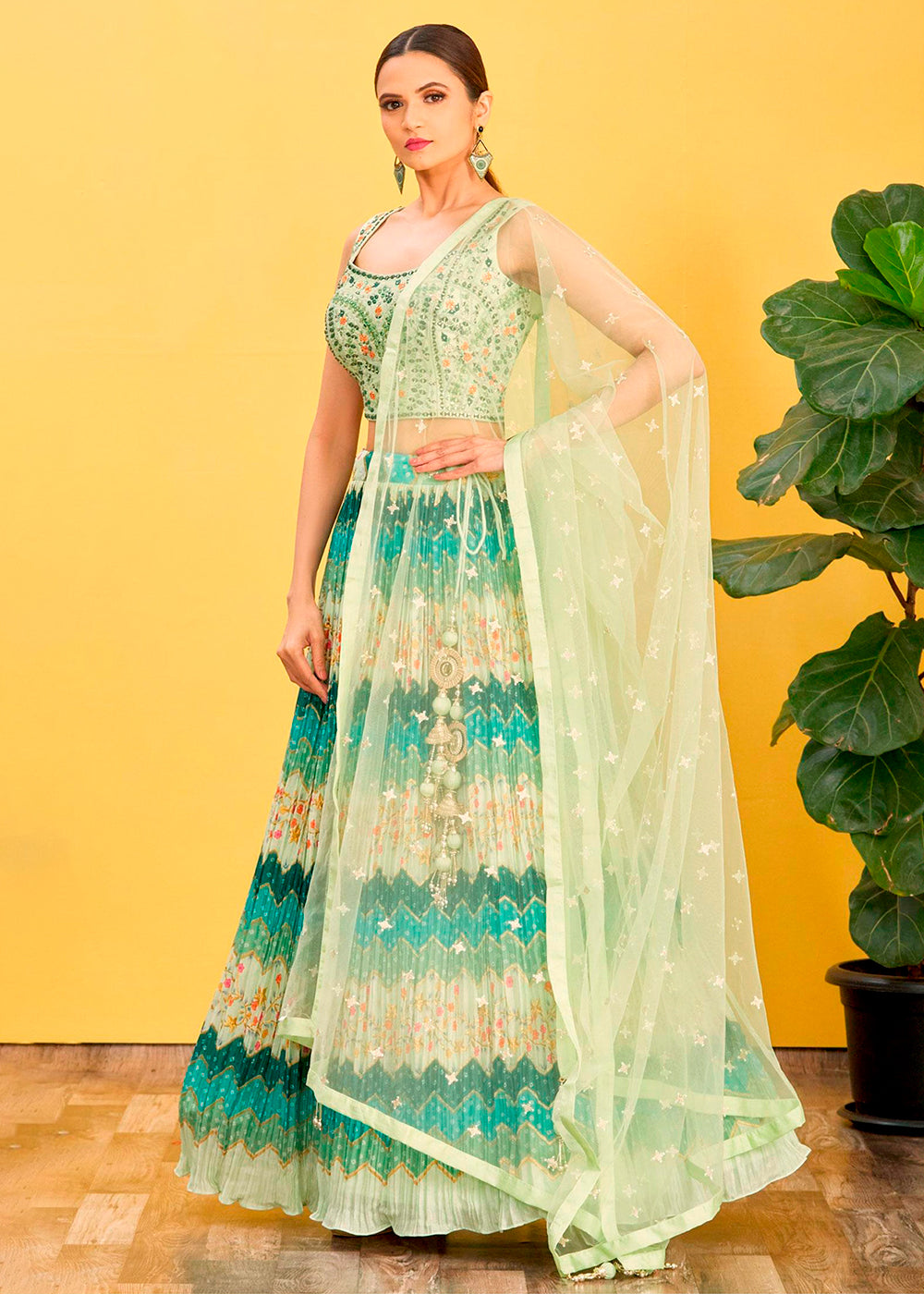 Shades Of Green Digital Printed Chinnon Lehenga with Thread,Zari & Sequins Work