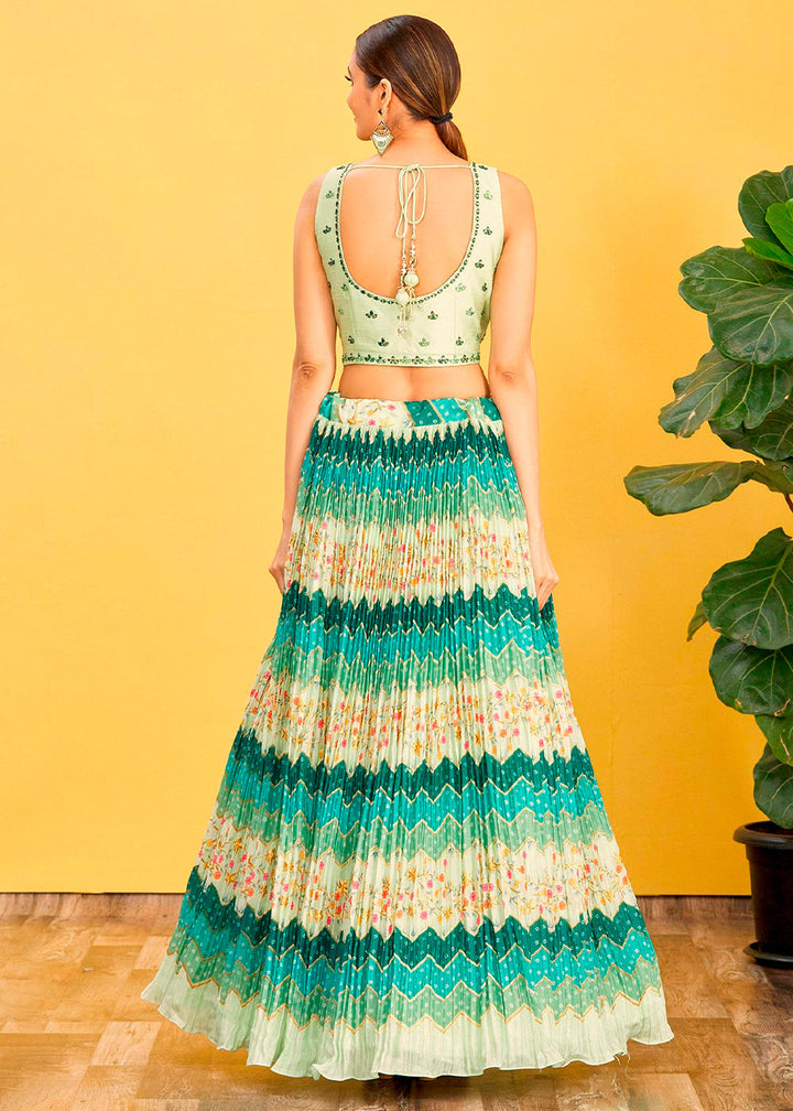 Shades Of Green Digital Printed Chinnon Lehenga with Thread,Zari & Sequins Work