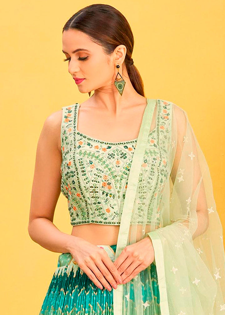 Shades Of Green Digital Printed Chinnon Lehenga with Thread,Zari & Sequins Work