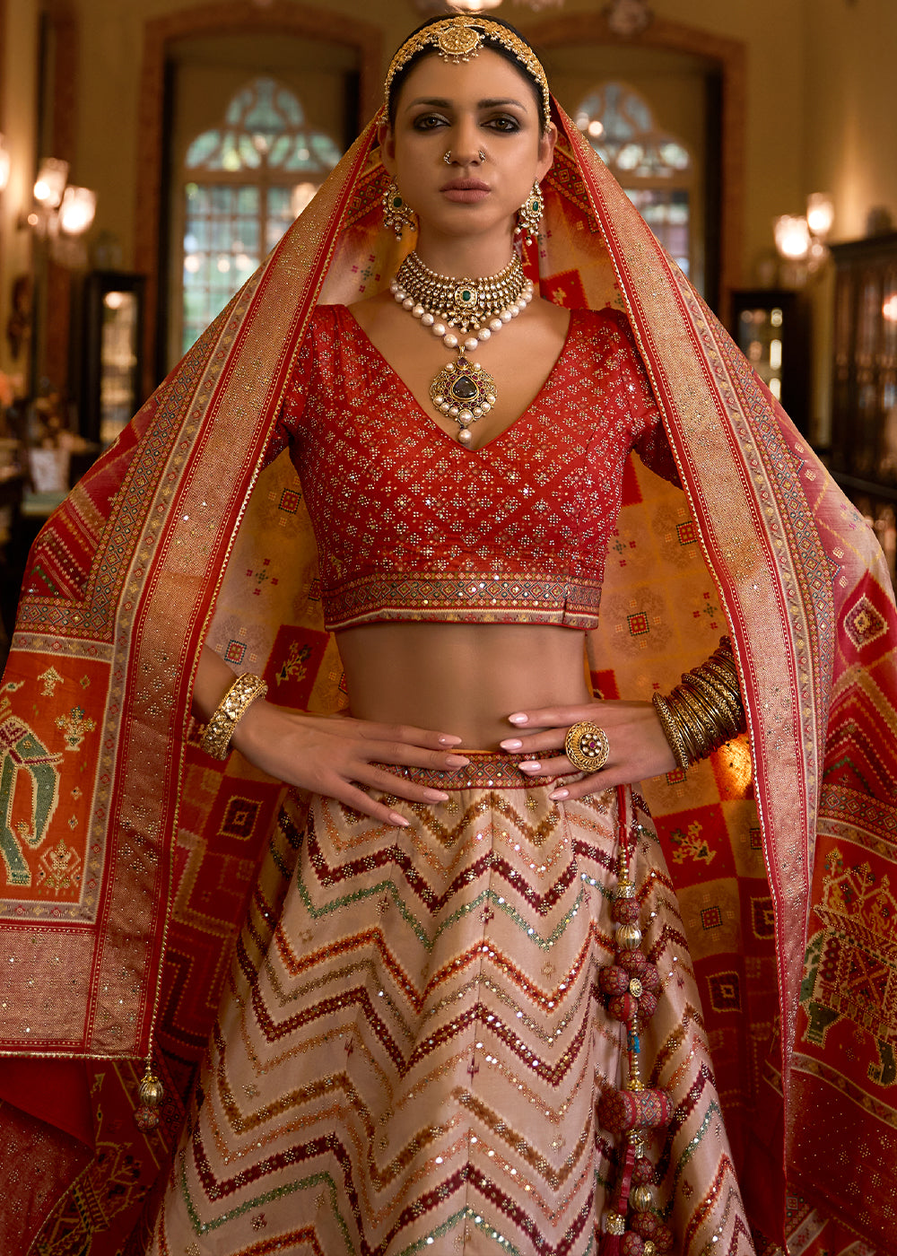 Shades Of Red Ready to Wear Designer Silk Lehenga Choli with Sparkle & Mirror work