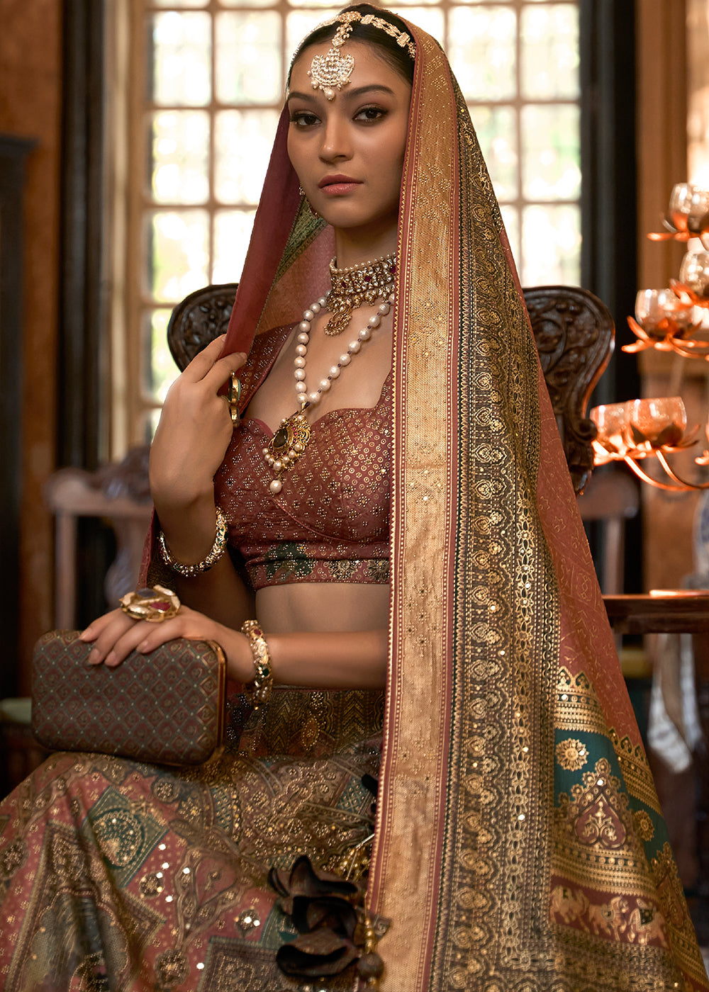 Brown & Green Ready to Wear Designer Silk Lehenga Choli with Sparkle & Mirror work