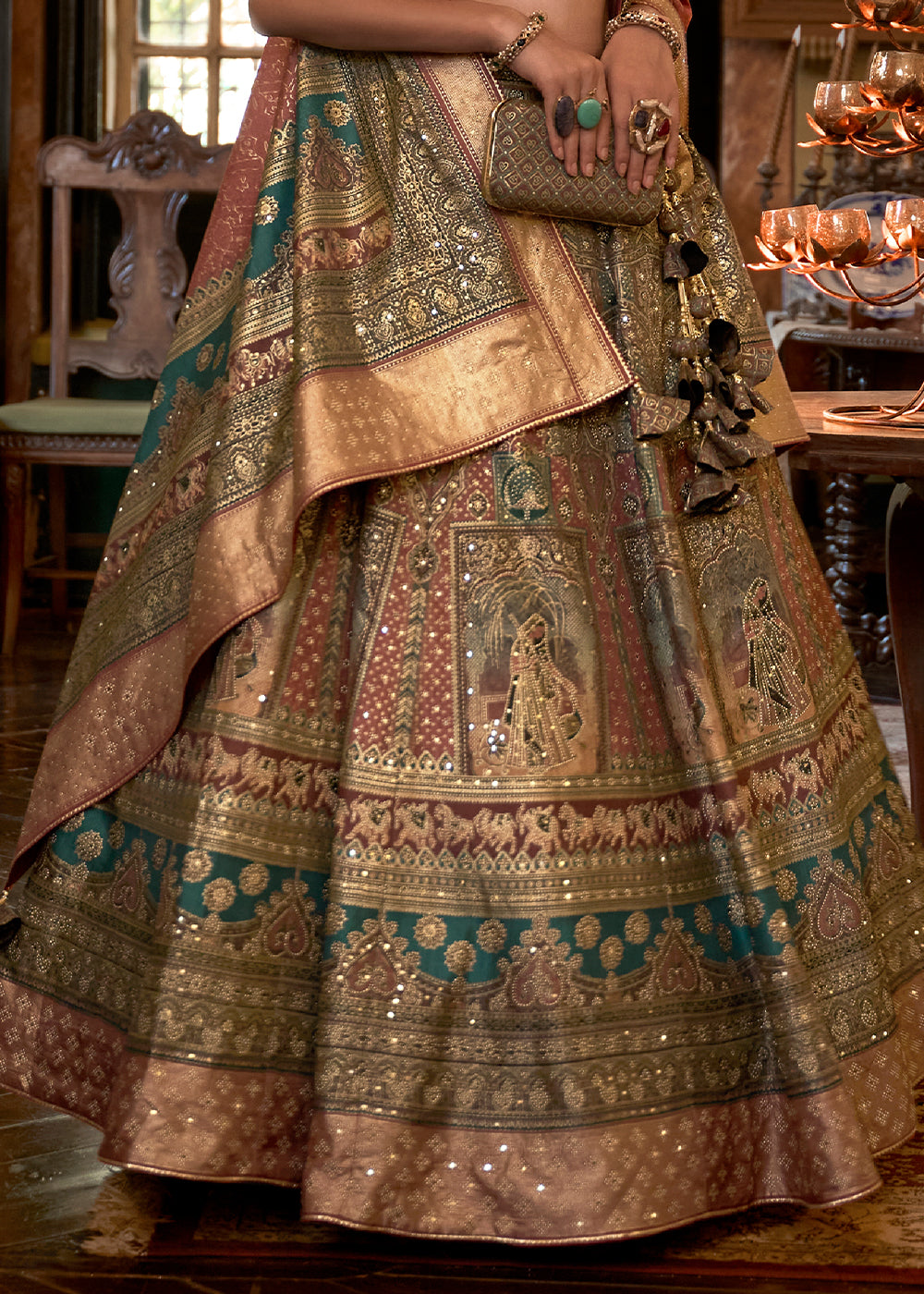 Brown & Green Ready to Wear Designer Silk Lehenga Choli with Sparkle & Mirror work