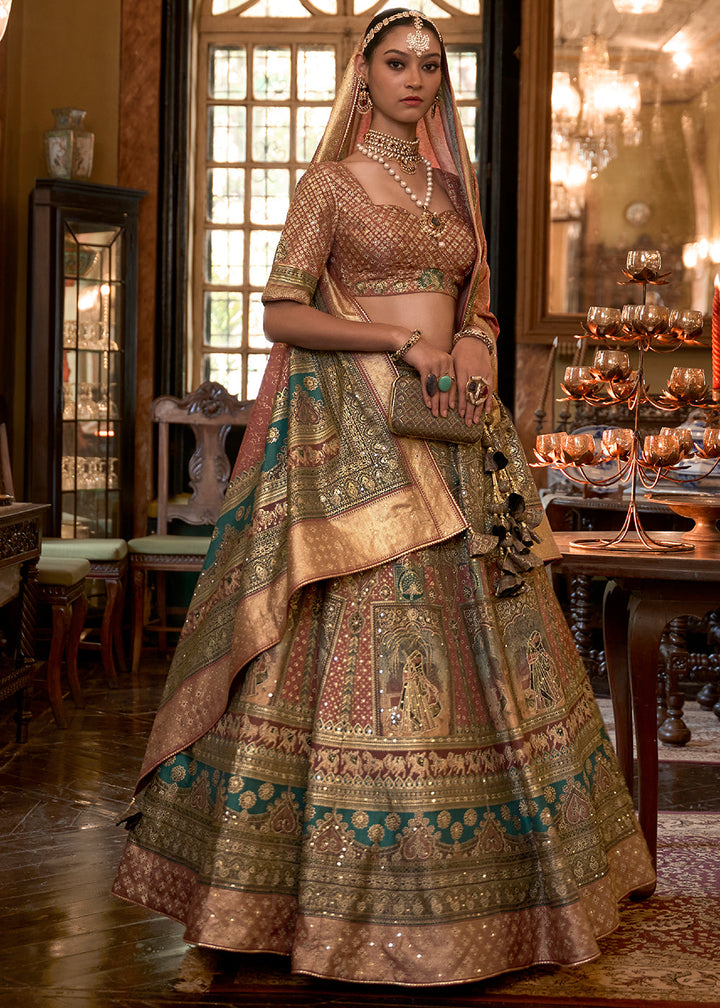 Brown & Green Ready to Wear Designer Silk Lehenga Choli with Sparkle & Mirror work