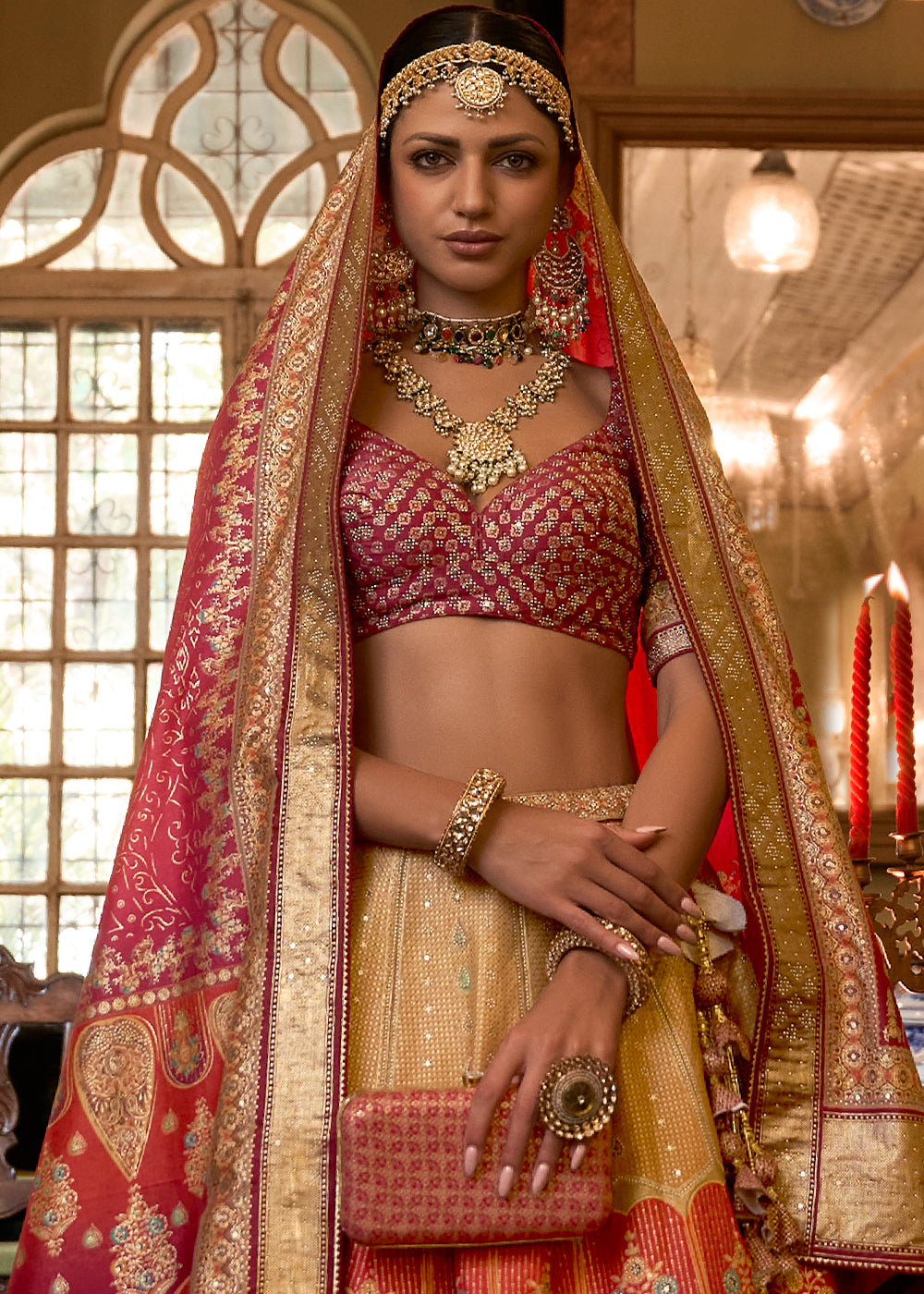 Pink & Golden Ready to Wear Designer Silk Lehenga Choli with Sparkle & Mirror work