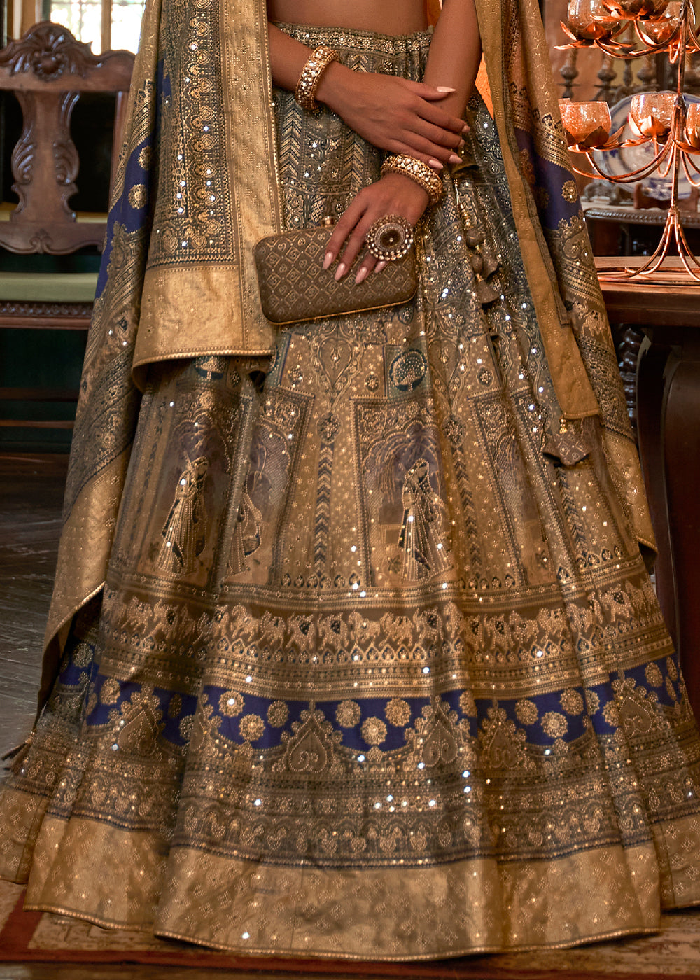 Blue & Golden Ready to Wear Designer Silk Lehenga Choli with Sparkle & Mirror work