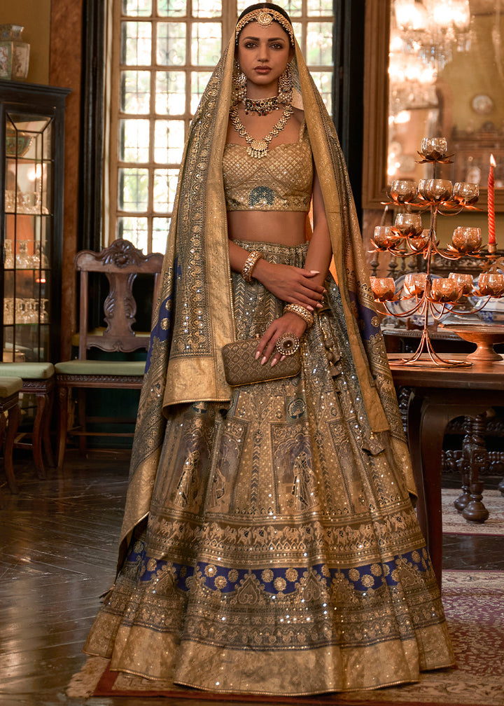 Blue & Golden Ready to Wear Designer Silk Lehenga Choli with Sparkle & Mirror work