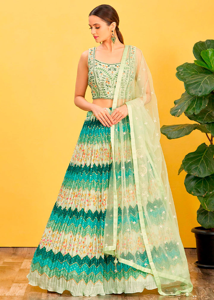 Shades Of Green Digital Printed Chinnon Lehenga with Thread,Zari & Sequins Work