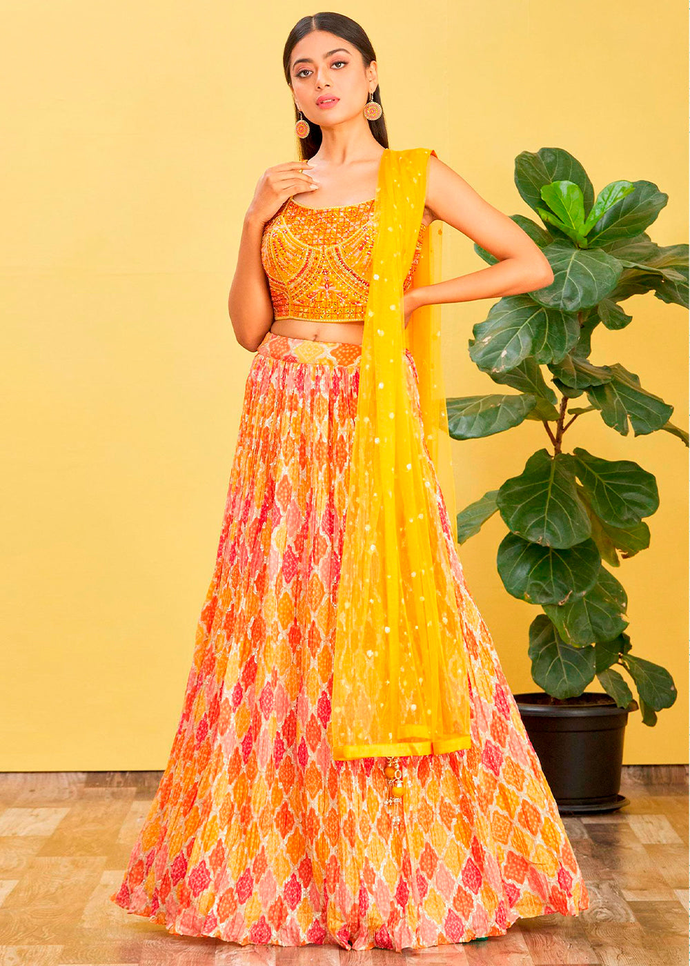 Saffron Yellow Digital Printed Chinnon Lehenga with Thread,Zari & Sequins Work